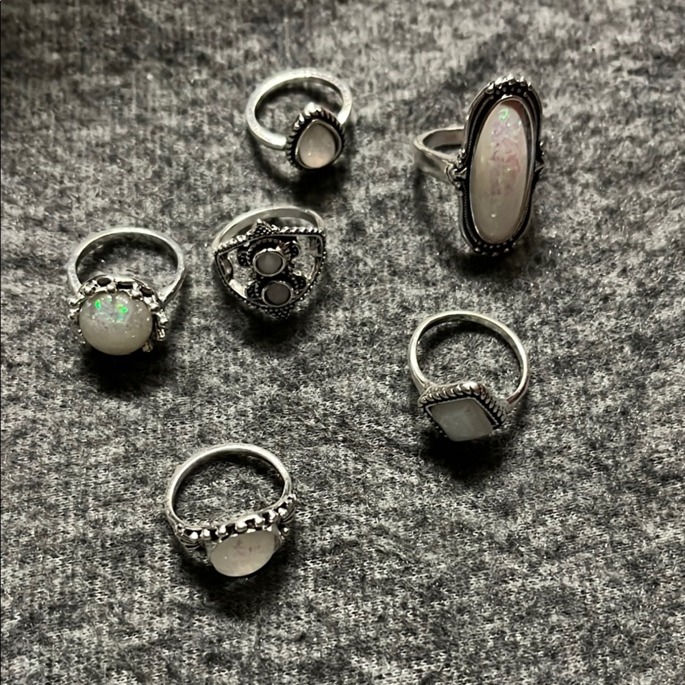 Elegant Silver and White Opal Ring Set
